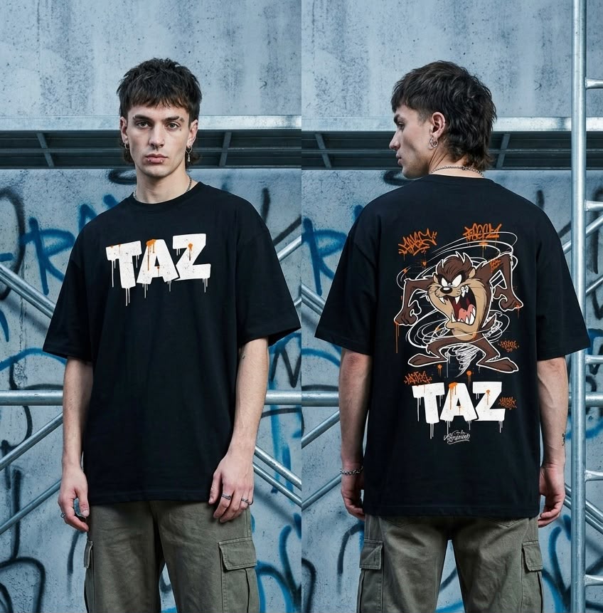 Y2R TAZ Graffiti Oversized Streetwear T-Shirt – Black