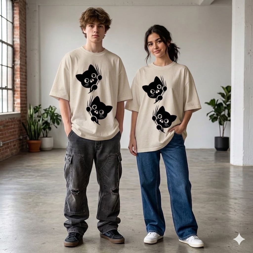 Double Trouble: Kawaii Kitten Oversized T-shirt