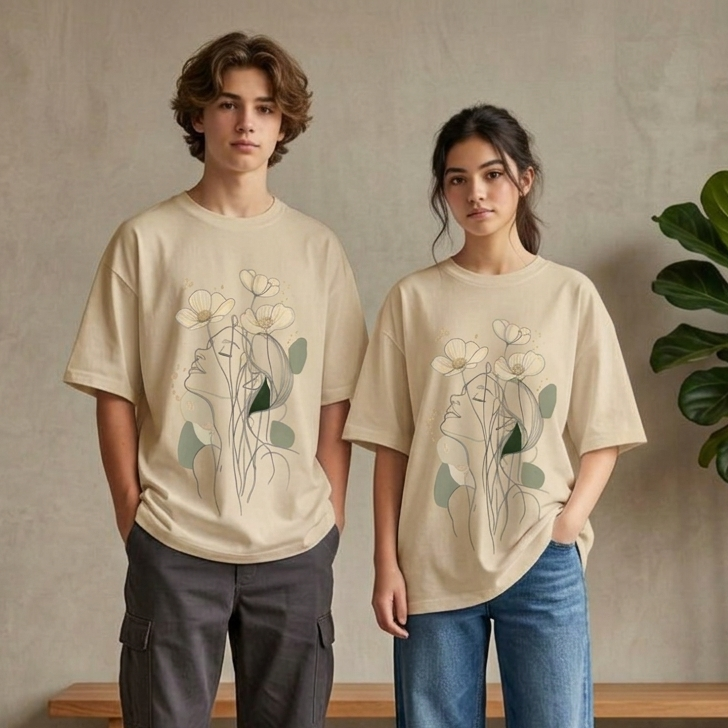 Botanical Muse Fine Line Art Oversized T-shirt