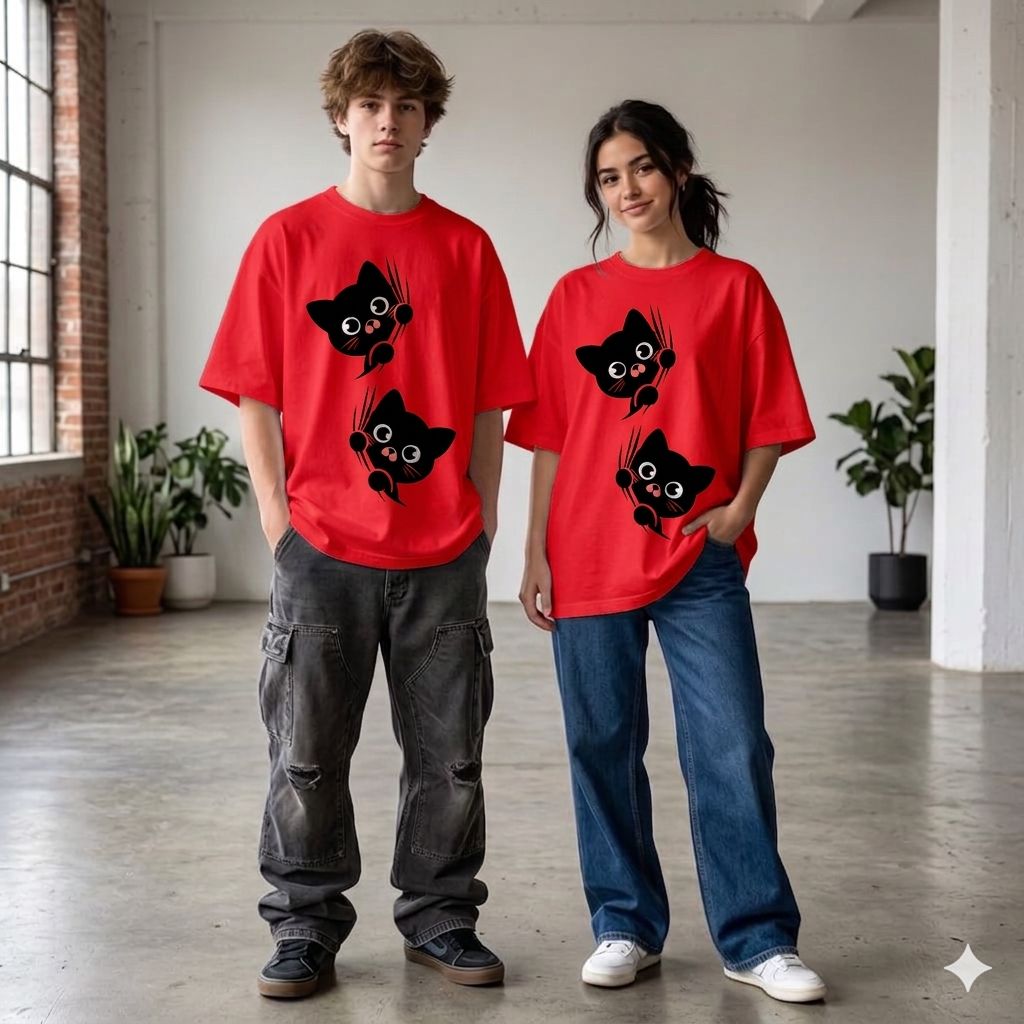 Double Trouble: Kawaii Kitten Oversized T-shirt