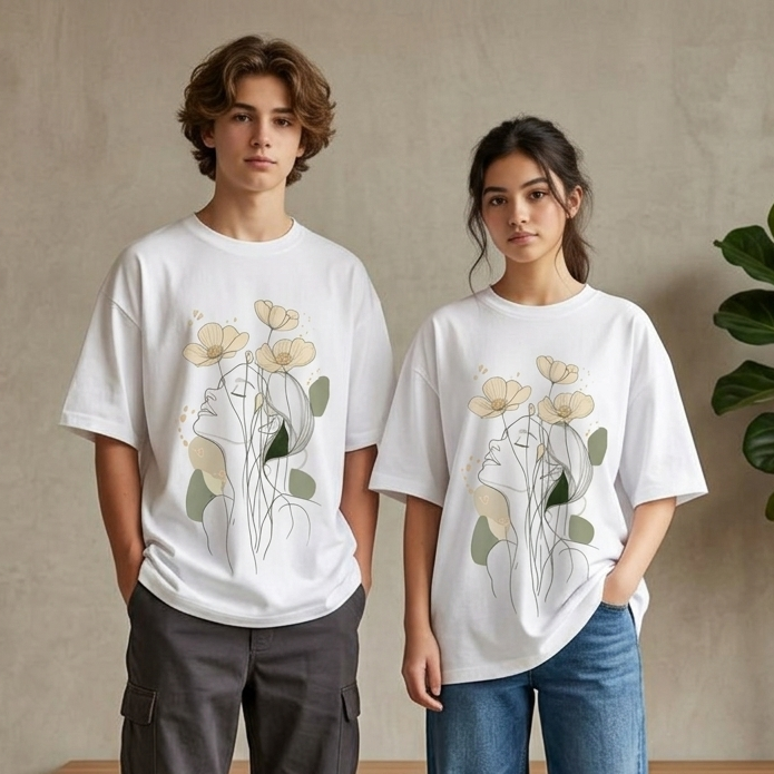 Botanical Muse Fine Line Art Oversized T-shirt