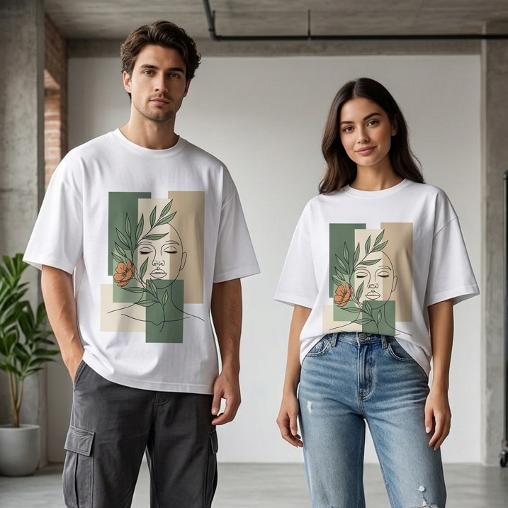 Linear Bloom: Abstract Botanical Face Oversized T-shirt
