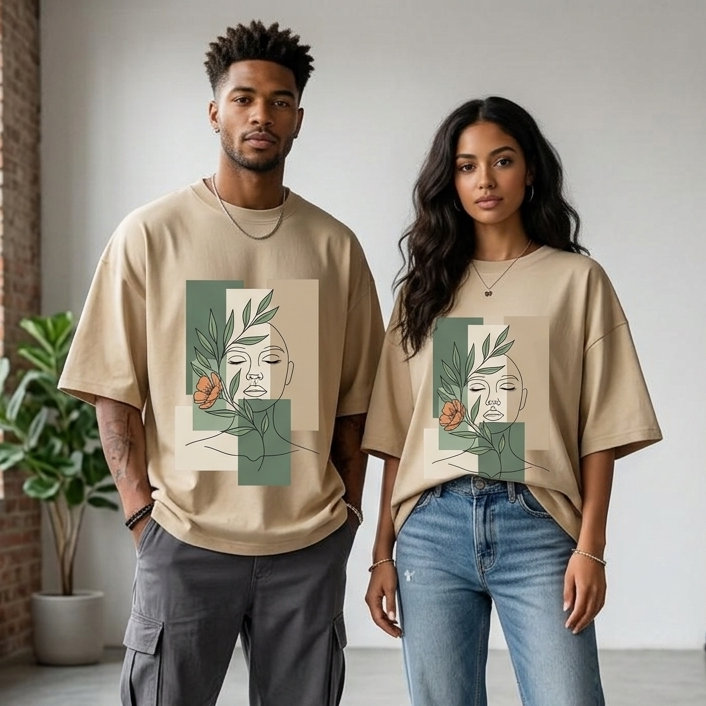 Linear Bloom: Abstract Botanical Face Oversized T-shirt
